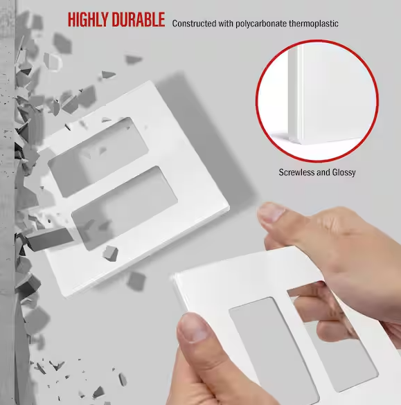 Screwless Decora Two-Gang Wall Plate Glossy White Finish