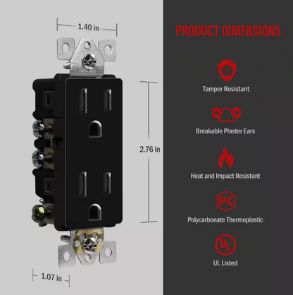 Self-Grounding 15A Tamper-Resistant Decora Duplex Receptacle Glossy Black Finish