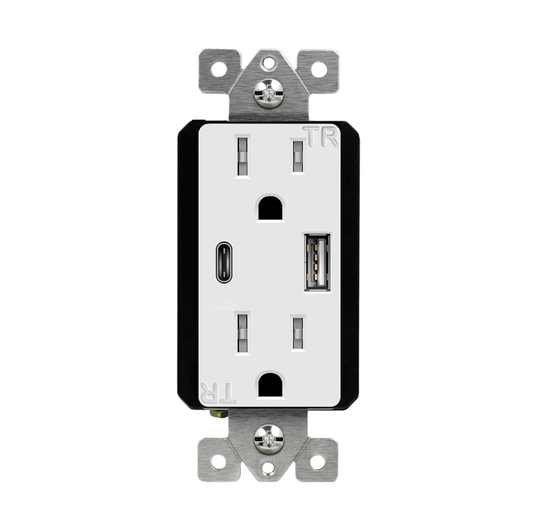 USB Wall Outlet, USB-C and USB-A, 3.6amps, Tamper-Resistant Decora 15A Duplex Receptacles Glossy White Finish