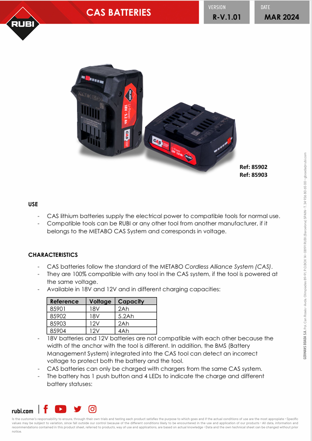 RUBI BATTERY CAS LIPOWER 18V 2AH