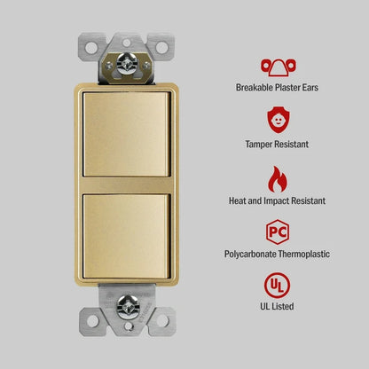 Two Single Pole Decora Switches Combination Device Gold Finish