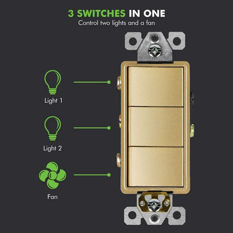 Triple Rocker Decora Switches Combination Device Gold Finish