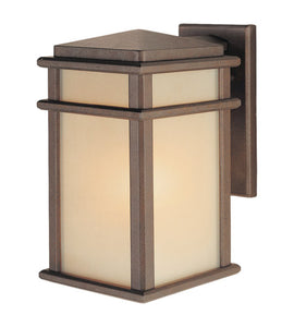 MISSION LODGE 1 - LIGHT 13 INCH CORINTHIAN BRONZE OUTDOOR WALL SCONCE IN AMBER RIBBED GLASS # OL3401CB